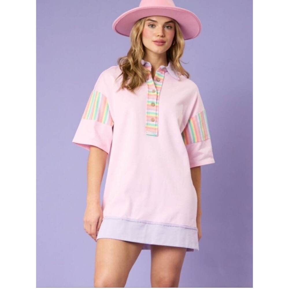 Fantastic Fawn Pink Pastel Candy Stripe Oversized Polo Tunic Mini Dress M